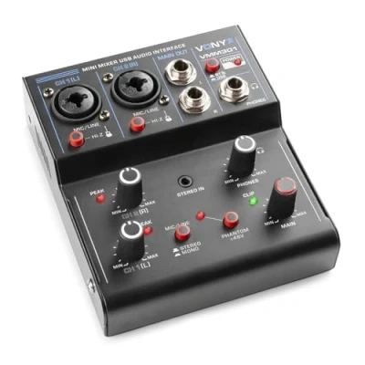 Image de Vonyx VMM301 Mini Table de Mixage USB 3 Canaux, Carte Son Intégrée, 2 Entrées Jack/XLR, 1 Entrée Jack, Sortie Casque, Alimentation Fantôme 48V, Idéal pour Animer vos Soirées