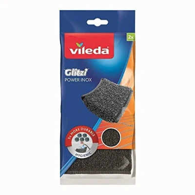 Image de Vileda Glitzi Power INOX, Récureurs, Extérieur en Acier Inoxydable, Très hygiénique, Pouvoir nettoyant exceptionnel, Durable et résistant, Élimine facilement la saleté les résidus