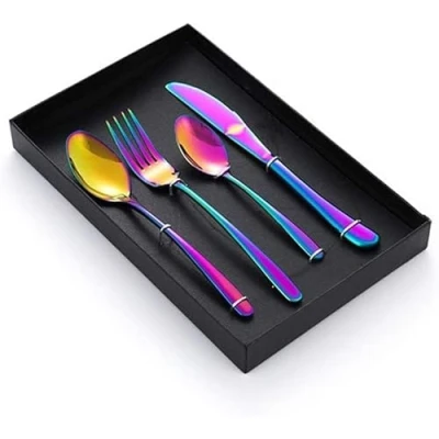 Image de Ensemble de couverts irisés gravés personnalisés : couteau, fourchette, cuillère à café, en acier inoxydable, poli miroir et passe au lave vaisselle, Laser Colorful, Customized set