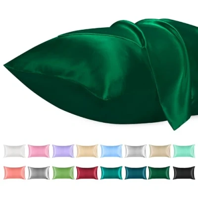 Image de Lirex 2PK Taies d&#039;oreiller en Satin, Taie Microfibre de Soie Couleur Unie Douce, Fermeture D&#039;enveloppe, Infroissable, Résistante à la Décoloration, Respirante (Vert, 40 x 80 cm)
