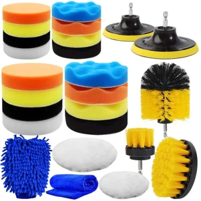 Image de Yumzeco Kit Polissage Voiture Nettoyage de 25 Pièces avec Pad Polish Brosse Perceuse Nettoyage, Gant Lavage Voiture, Chiffon Microfibre