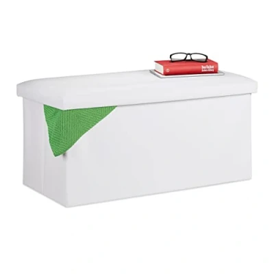 Image de relaxdays Banc pour Rangement, Cuir synthétique, Pliable, rembourré, entrée, Chambre, HLP 37,5 x 76,5 38,5 cm, Blanc, MDF, Similicuir, Mousse, 1 élément