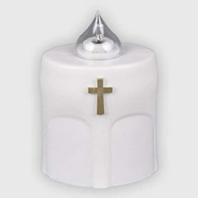 Image de La Briantina Lumino électrique à LED Benedicto blanc, durée 150 jours, blanc avec croix dorée et lumière intermettrice, 11 x 8 6 cm