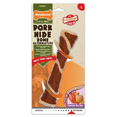 Image de Nylabone Jouet Dentaire à Mâcher la Mastication Agressive/Jouet Enrobé de Porc Aromatisé au Beurre Cacahuète/pour Chien Adulte Pesant Jusqu’à 23 kg1 unité