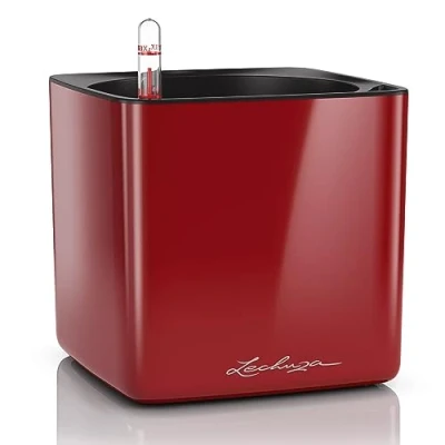 Image de Lechuza Pot de Fleurs d&#039;Interieur Cube Glossy Réserve d&#039;Eau Intégrée Coloris Rouge Scarlet 17 x 16 cm