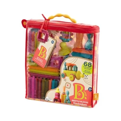 Image de B. Toys Bloc à Poils Stackadoos Blocs de Construction pour Enfants Jouet développement 68 dans Une Pochette Rangement Jouets STEM Doux et emboîtable