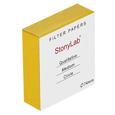 Image de stonylab Cercles de Papier Filtre Qualitative, en Cellulose 74mm Diamètre avec une Vitesse Filtration du Milieu Rétention des Particules 20 Microns, Paquet 100
