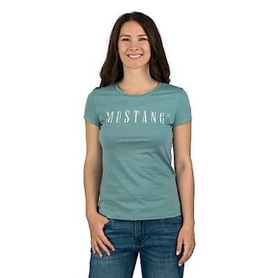 Image de MUSTANG T shirt d&#039;été à col rond et Coupe ajustée Manches courtes Logo imprimé 100 % coton Blanc, bleu, vert, rouge, S, M, L, XL, XXL, Turquoise (1014023 6236), S