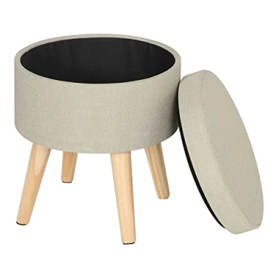 Image de WOLTU® SH08cm 1 Tabouret Rond Pouf Coffre de Rangement Repose Pieds,siège en Lin Pieds Bois Massif,Crème Blanc