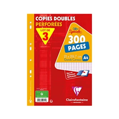 Image de Clairefontaine 447111AMZC Lot de 3 Étuis Copies Doubles Perforées A4 21x29,7 cm 300 Pages Grands Carreaux Papier Blanc 90 g Étui Réutilisable