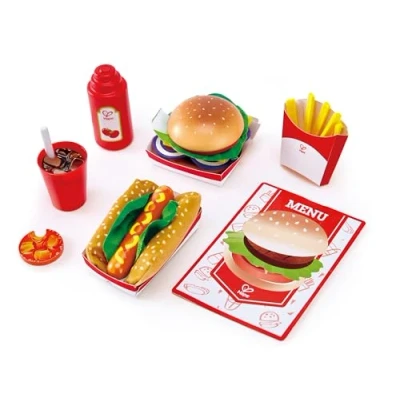 Image de Hape E3160, Hot Fast Food Wooden Diner Take Aways Toy Set, Classic American Meal for Pretend Play Includes Burger, Chips, Hotdogs and Soft Drink, Colourful