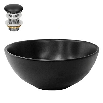 Image de ML Design Lavabo en Céramique Noir Mat, Ø 280x150 mm, avec Garniture de Vidage 1 1/4&quot; Universelle, Ronde, Vasque á Poser Moderne, Évier Lave Mains pour Salle Bain, Toilettes et WC Invités