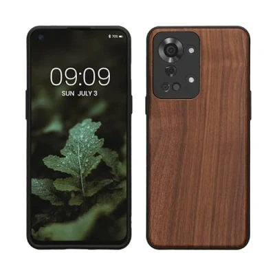 Image de kwmobile Housse Compatible avec OnePlus Nord 2T 5Gcoque Étui de Protection Rigide en Bois Cadre TPU Brun foncé