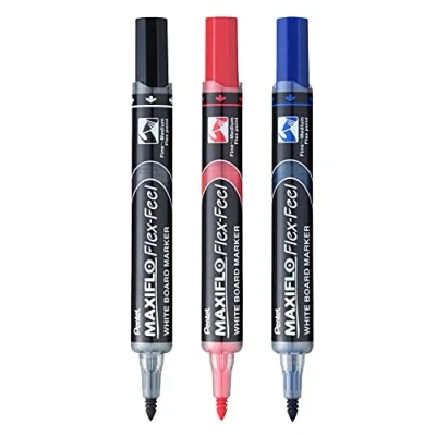 Image de Pentel MWL5SBF Maxiflo Flex Feel Lot de 3 marqueurs pour tableau blanc à pointe flexible (noir, rouge, bleu)