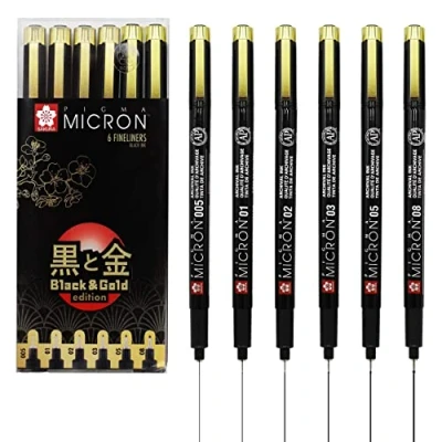 Image de SAKURA Pigma Micron Fineliner, Schwarz und Gold Edition, 005/01/02/03/05/08, schwarze Tinte, 6 Stück