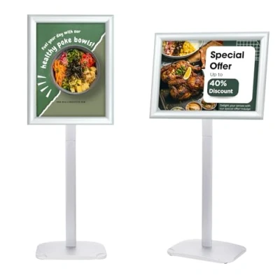Image de Mutualsign Support robuste pour affiche A3 avec base stable, cadre encliquetable menu, avis, publicité, bienvenue, argenté