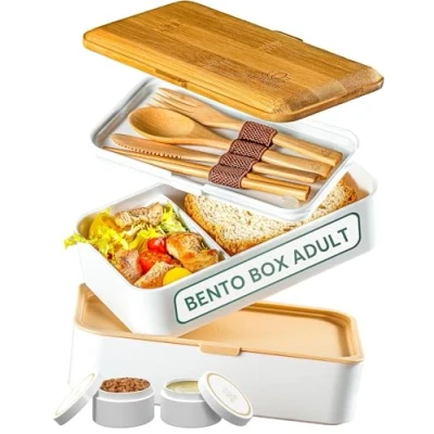 Image de Umami Bento lunch Box, 2 Pots à Sauce &amp; Couverts Inclus, Lunchbox Micro Ondable, Boîte Adulte, Repas Compartimentée,