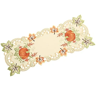 Image de Quinnyshop Citrouille et Tournesol Broderie Chemin de Table 22 x 55 cm Ovale Polyester, Crème
