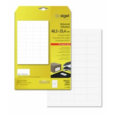 Image de SIGEL La106, 1000 Étiquettes Multifonctions, Format 4,85 X 2,54 cm, pour Jet d&#039;encre/Laser/Copieur, 25 Feuilles, Blanc