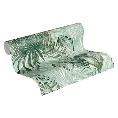 Image de A.S. Création Papier peint intissé Tapisserie avec motif de palmiers en vert et blanc pour différentes pièces adhésif 10,05 m x 0,53