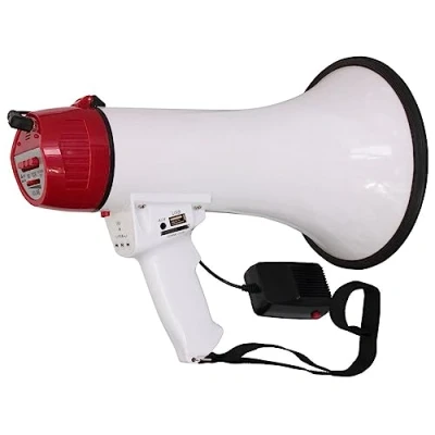 Image de LTC MEGA35USB Mégaphone de 35W rechargeable avec micro amovible, sirène, USB, SD, AUX, contrôle MP3, poignée et enregistrement message Blanc &amp; rouge