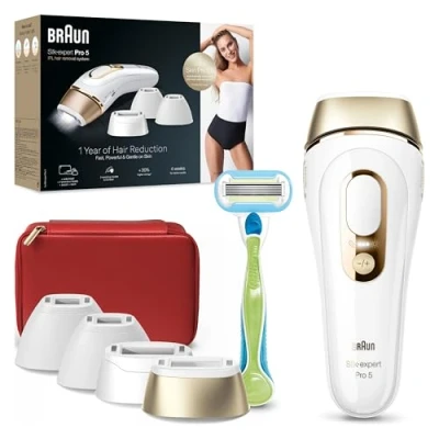 Image de Braun Silk·expert Pro 5 Épilateur À Lumière Pulsée, Épilation Semi Définitive, Alternative Au Laser Pour 1 An De Peau Douce, Convient Maillot, Pochette, Rasoir Venus, 4 Têtes, Or/Blanc, PL5382