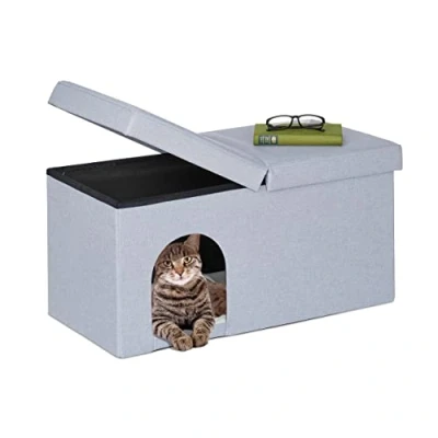 Image de Relaxdays Grotte pour Chat Pratique, Banc Robuste, cachette, H x L P : env. 38,5 74,5 37 cm, intérieur, Grise