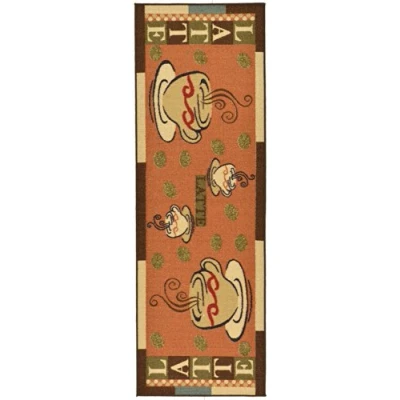 Image de Ottomanson Tapis de Couloir Dos en Coutchouc Collection Sara’s Kitchen Motif Tasses à Café 50 cm x 150 Orange Foncé