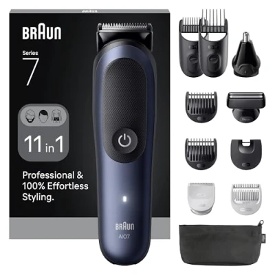 Image de Braun Tondeuse Tout En Un Series 7, Kit 11 1, Lame ProBlade, Technologie AutoSense, 120 Min D&#039;autonomie, Protection SkinGuard, Barbe Dégradé, Manche AquaGrip Pratique Sous L&#039;eau, AIO7540, Bleu