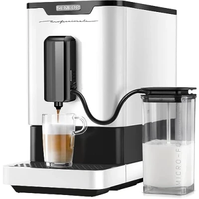 Image de SENCOR Machine Expresso Automatique, Mousseur à Lait, 19 Bars Compact, Broyeur Café grain, Caftière Espresso, Cappuccino, Expresso, Barista Express, Thermoblock, Système de Brassage Breveté