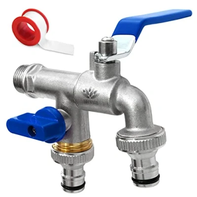 Image de SHYNE 3/4&#039;&#039; Pouce Robinet d&#039;eau en Laiton Double de Qualité Supérieure, Résistant à la Rouille et au Gel + 2X Raccords Tuyau Gratuits Ebook Pour Jardin, Machine Laver, Baril Pluie (2 Pcs)