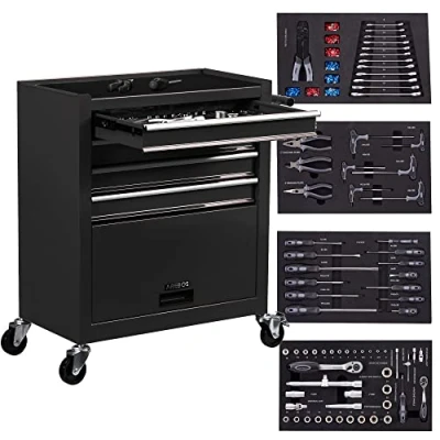 Image de AREBOS Chariot d&#039;atelier avec 4 Compartiments tiroirs à roulement Billes 81 pièces d&#039;outils équipé de Tapis antidérapants 2 roulettes Frein Blocage Noir