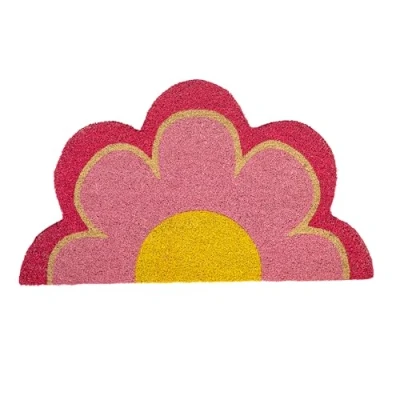Image de fisura. Paillasson extérieur Fleur en Fibre de Coco avec Base antidérapante PVC. Forme Originale. Rose. Peint à la Main. Dimensions: 70 cm x 40