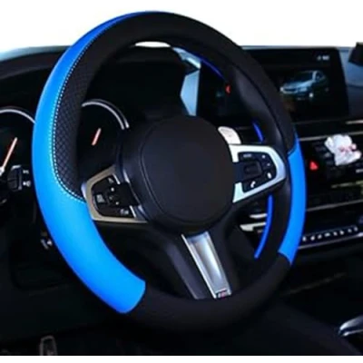 Image de Couvre volant en cuir microfibre Wavy Line Splice X pattern Bleu