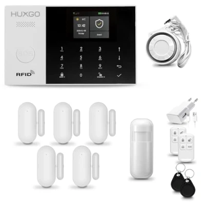 Image de Systeme d&#039;alarme Maison WiFi + GSM 2G, HUXGO HXA005 avec Sirene, 1X détecteur de Mouvement, 5X capteur Porte/fenêtre, TUYA