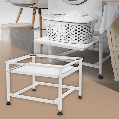 Image de ML Design Socle pour Machine à Laver avec Étagère Extensible, Blanc, 62,5x53,5x45 cm, Acier, jusqu&#039;à 150kg, Pieds Réglables en Hauteur, Podium Surélévation Armoire Basse, Support Standard Séchoir