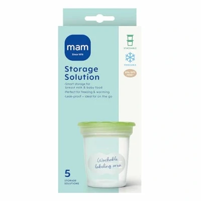 Image de MAM Lot de 5 récipients conservation, réutilisables et compatibles avec tire lait, bande mesure, système anti déversement, compatible les micro ondes, congélateur, chauffe biberons