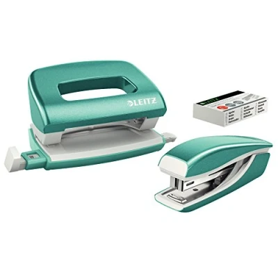 Image de Leitz 55612051 Set avec Mini Agrafeuse &amp; Perforateur, Agrafage ou Perforation jusqu&#039;à 10 Feuilles, Agrafes P2 N10 Incluses, WOW, Menthe