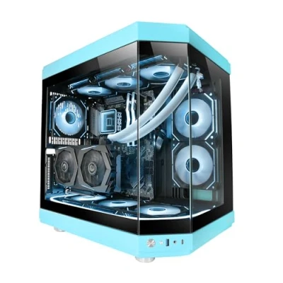Image de Mars Gaming MC 3T, Boîtier Custom ATX, Triple Fenêtr Verre Trempé Continu, Refroidissement Liquide Complet, Double Caméra Latérale, 3x Slots PCI Verticaux, USB C et 3.0, Bleu