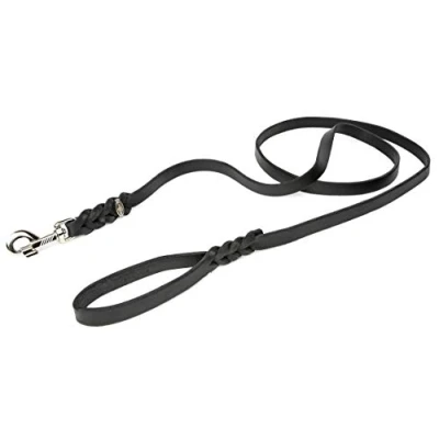 Image de CopcoPet Laisse en cuir gras avec mousqueton chromé 1,50 m x 8 mm Noir tressée pour chien jusqu&#039;à 15 kg