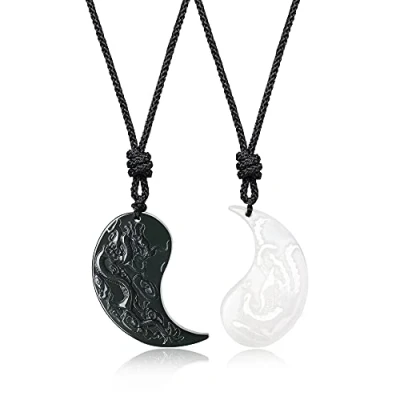 Image de COAI Colliers pour Couples Pendentifs Gravés Dragon Phénix Obsidiene Noire Jade Blanc Cordon Ajustable