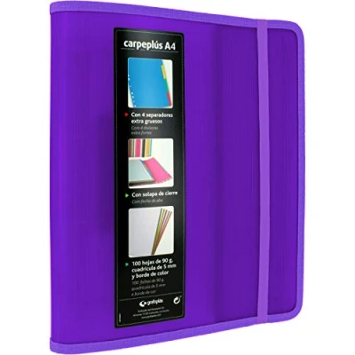 Image de Grafoplás 88200035. Classeur à 4 anneaux, A4, violet, polypropylène, avec rabat latéral, recharge de 100 feuilles, intercalaires et enveloppes transparentes, Multiline.