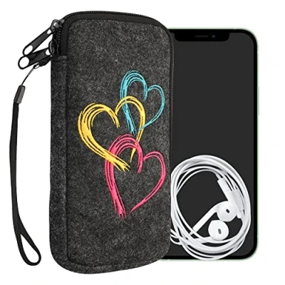 Image de kwmobile Housse de Protection pour Smartphone Compatible avec XL 6,7/6,8&quot; Sacoche Téléphone Portable en Feutre Coeurs Fuchsia Orange Gris foncé