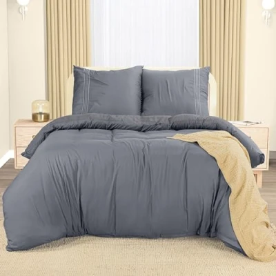 Image de Utopia Bedding Housse de Couette 220x240 cm avec 2 Taies d&#039;oreiller Brodée 65x65 (Gris) Parure lit Ensembles Housses en Microfibre brossée Douce