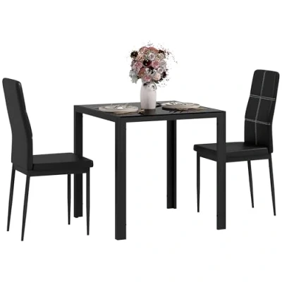 Image de Ensemble table à manger et chaises HOMCOM pour 2 personnes plateau rectangulaire en verre cuisine salon maison noir