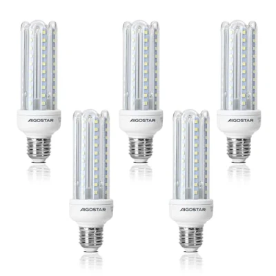 Image de Aigostar Pack de 5 Ampoules LED T3 4U 15 W, culot E27, lumière blanche froide 6400K, 1200 lumens. Angle 360º, IRC ≥ 80, équivalant à ampoule halogène 83W