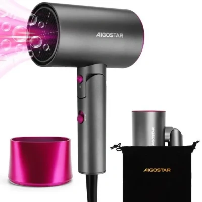 Image de Aigostar Diane Sèche cheveux design de 1800W. 2 vitesses, 3 températures + air froid. Poignée pliable, idéal voyages et gym. Gris rose