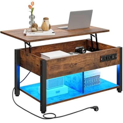 Image de YITAHOME Table Basse avec Plateau Relevable, à LED Contrôle par APP pour Salon, Bureau Etagère de Rangement Compartiment Caché, Marron Rustique