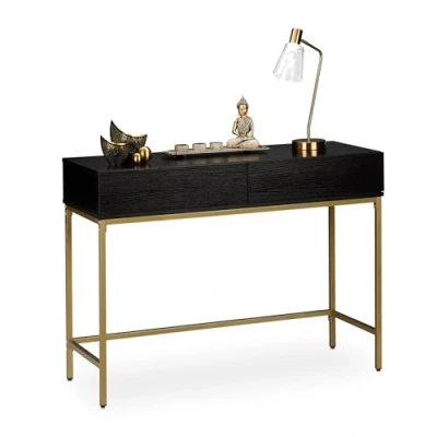 Image de Relaxdays Table de Console, 2 tiroirs, Meuble d’appoint Aspect Bois, Salon, Couloir, HLP 80x110x40 cm, doré, Panneau Particules, métal, Noir/Or, 1 pièce