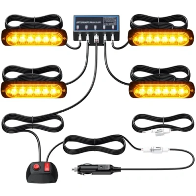 Image de Justech 4x6LED Lumières Stroboscopiques Amber Hazard Warning Beacon Clignotant d&#039;urgence avec Chargeur d&#039;Allume Cigare et Contrôle Principal 12V 24V Universel pour Camion Véhicule Caravane Camper Van